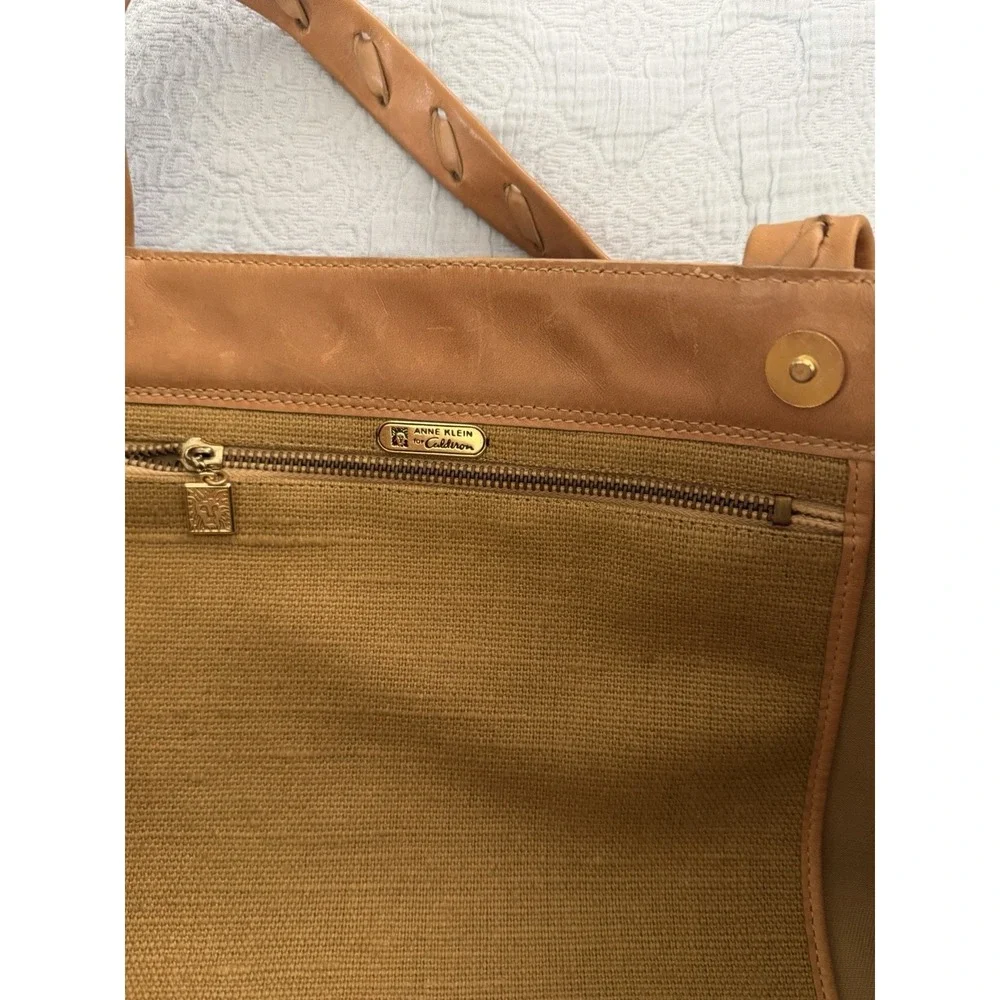 Anne Klein Tote Bag Leather Woven Green Canvas Large Summer Vintage 90s Y2K